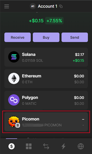 Picomon Tokens appear after they are sent